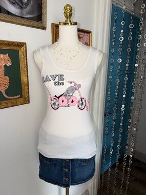 Vintage Y2K White Tank Top with Pink Motorcycle Graphic - "Save the Boobs"